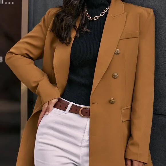 Khaki Elegant Women's Double Breasted Flap Detail Blazer Workwear - Picture 6 of 6